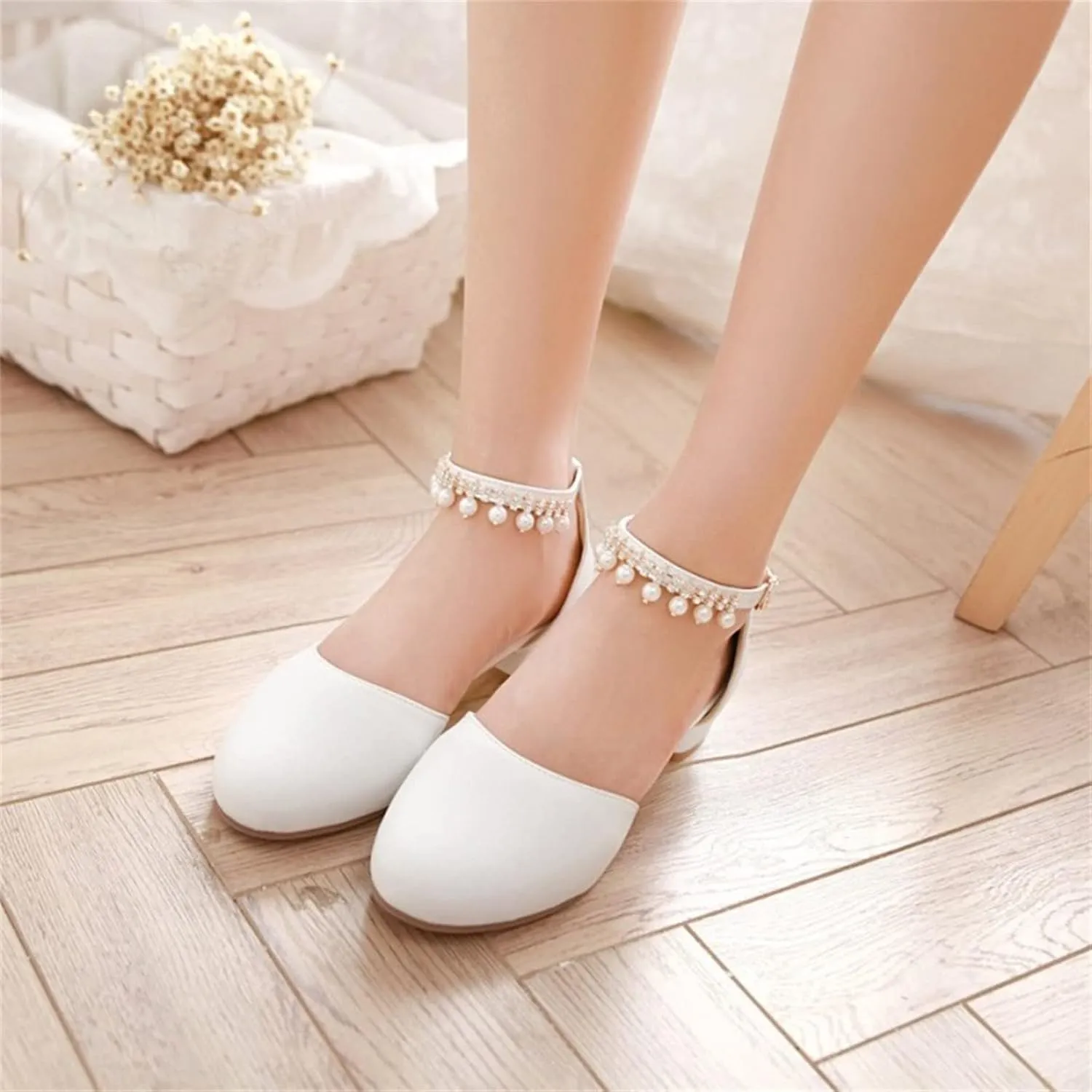Girls Mary Jane Dress Shoes Pumps Low Heels Flower Party High School Prom Sandals Party Wedding Shoes