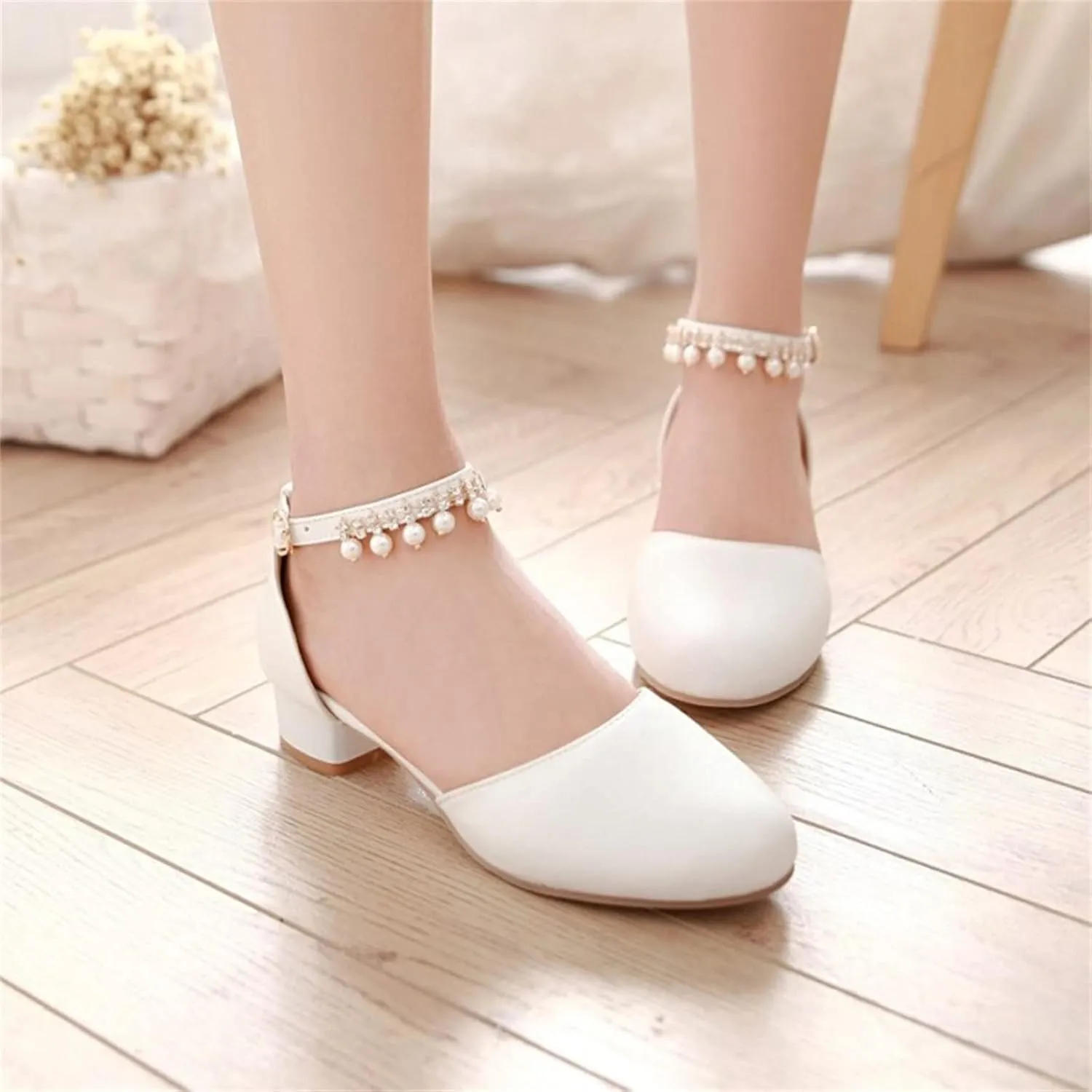 Girls Mary Jane Dress Shoes Pumps Low Heels Flower Party High School Prom Sandals Party Wedding Shoes