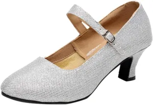 Heels for Women Ballroom Latin Dance Shoes Glitter Leather Closed Toe Heels Buckle Wedding Heels for Bride