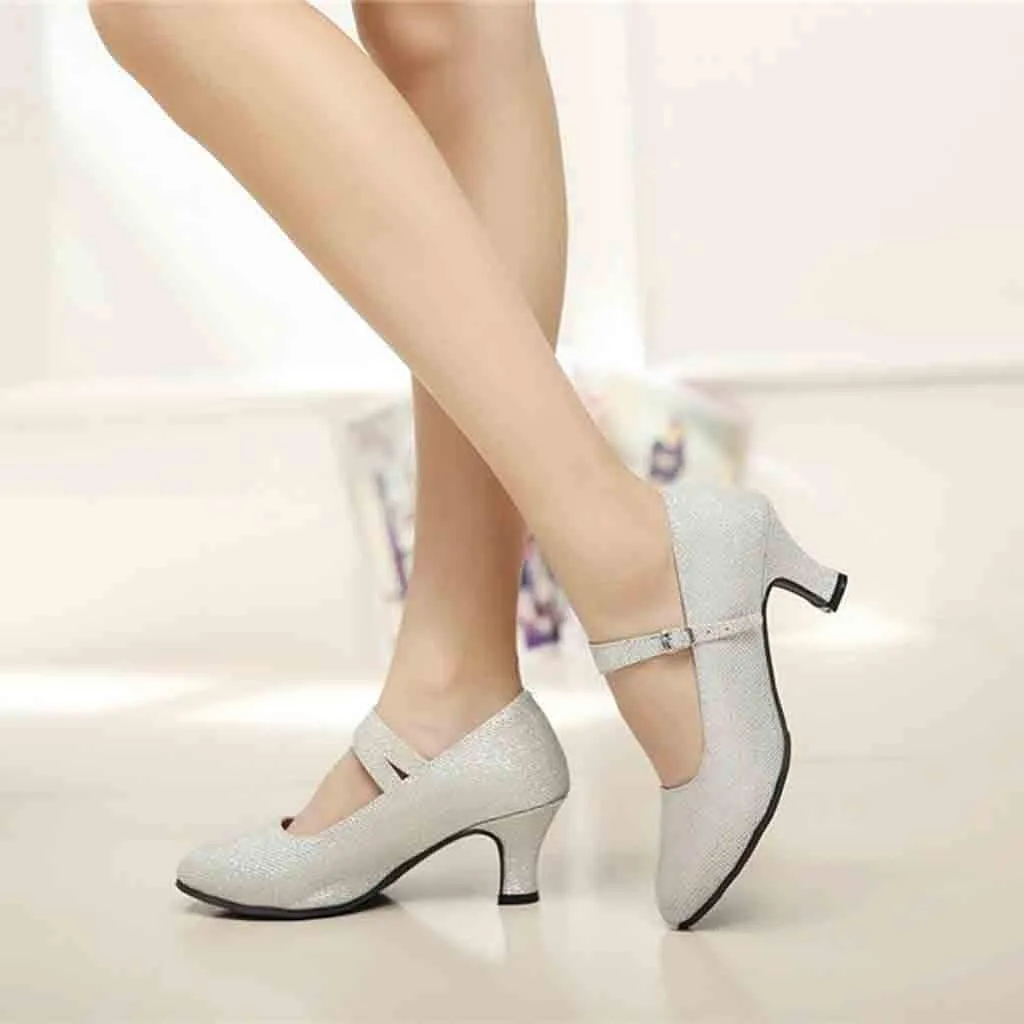 Heels for Women Ballroom Latin Dance Shoes Glitter Leather Closed Toe Heels Buckle Wedding Heels for Bride