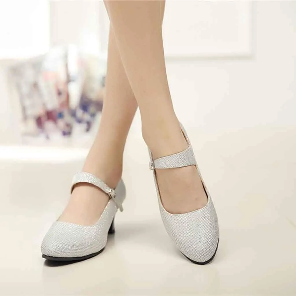 Heels for Women Ballroom Latin Dance Shoes Glitter Leather Closed Toe Heels Buckle Wedding Heels for Bride