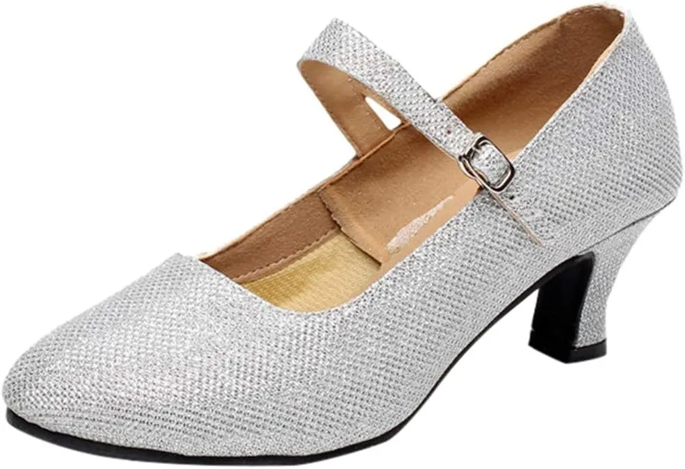 Heels for Women Ballroom Latin Dance Shoes Glitter Leather Closed Toe Heels Buckle Wedding Heels for Bride
