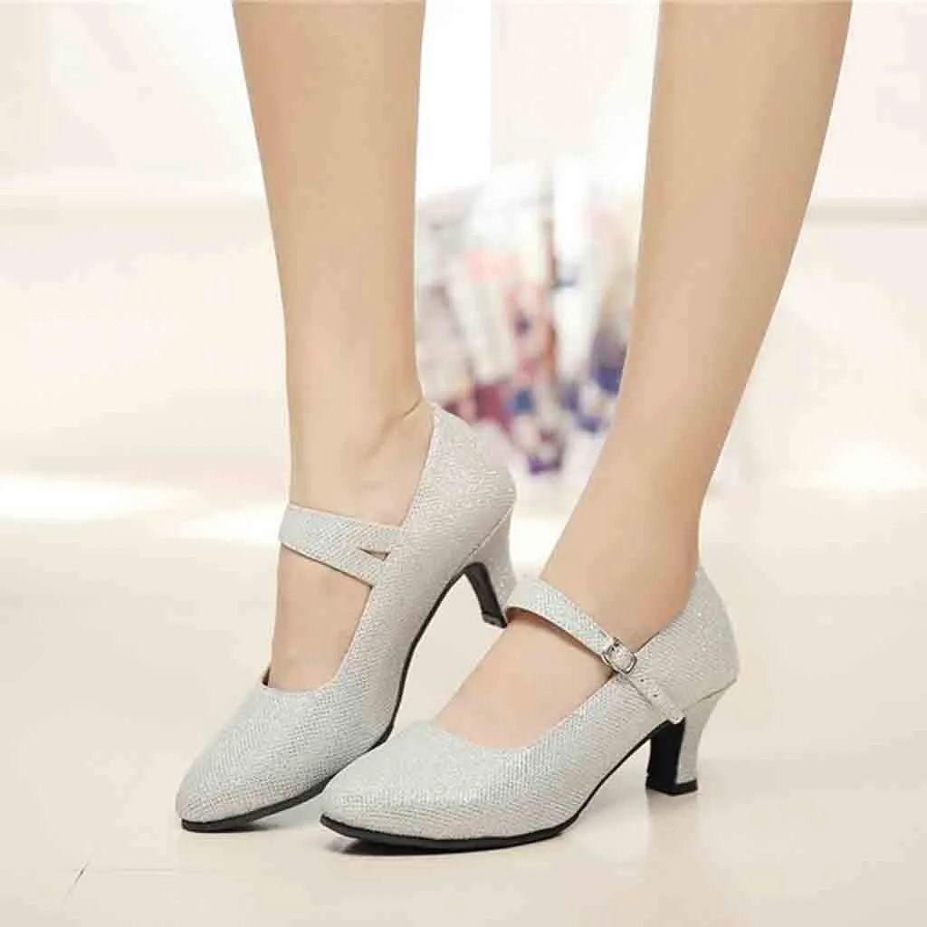 Heels for Women Ballroom Latin Dance Shoes Glitter Leather Closed Toe Heels Buckle Wedding Heels for Bride