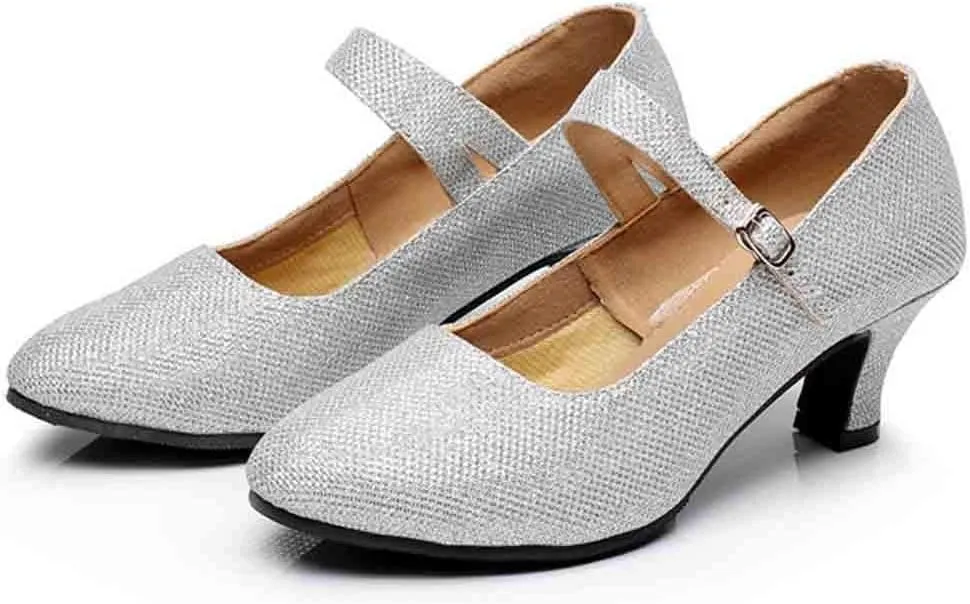 Heels for Women Ballroom Latin Dance Shoes Glitter Leather Closed Toe Heels Buckle Wedding Heels for Bride