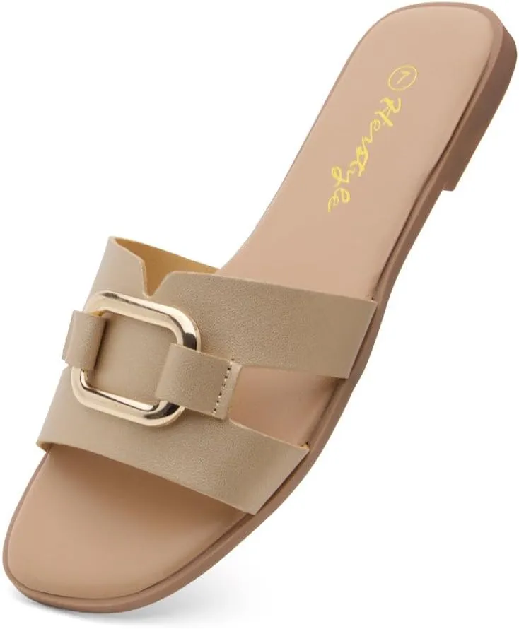 Herstyle Women's Flat Sandals 2025  Trendy Square Open Toe Slides with Metal Chain, Memory Foam Cushioned Footbed, Slip-On Fashion Slippers for Summer
