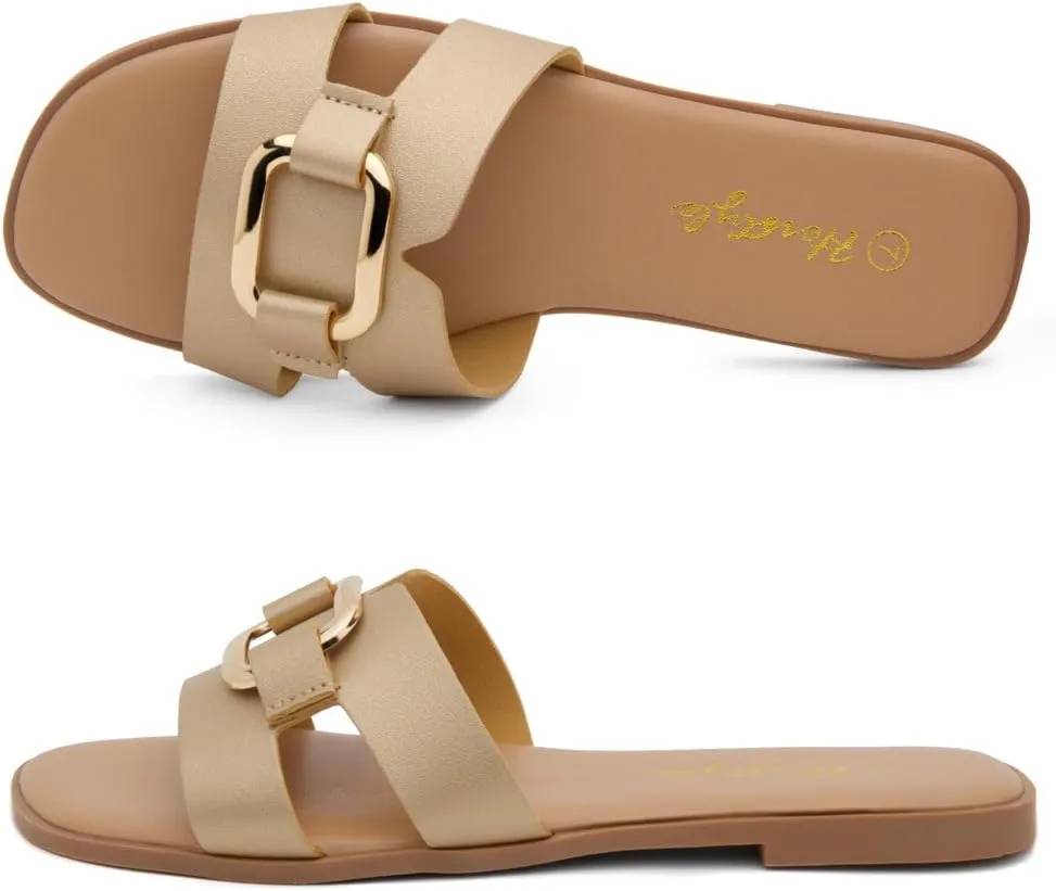 Herstyle Women's Flat Sandals 2025  Trendy Square Open Toe Slides with Metal Chain, Memory Foam Cushioned Footbed, Slip-On Fashion Slippers for Summer