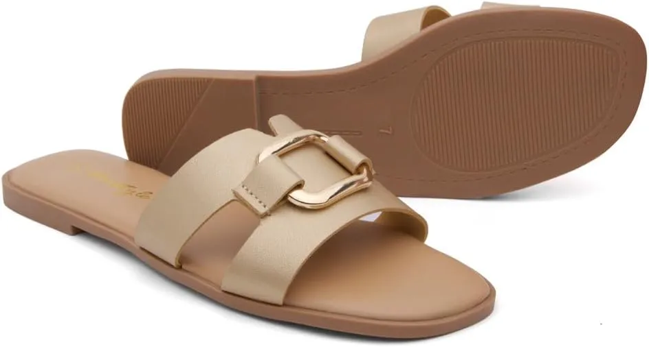 Herstyle Women's Flat Sandals 2025  Trendy Square Open Toe Slides with Metal Chain, Memory Foam Cushioned Footbed, Slip-On Fashion Slippers for Summer