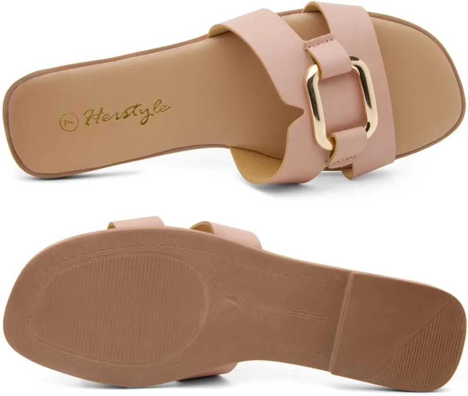 Herstyle Women's Flat Sandals 2025  Trendy Square Open Toe Slides with Metal Chain, Memory Foam Cushioned Footbed, Slip-On Fashion Slippers for Summer