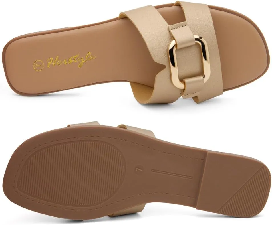 Herstyle Women's Flat Sandals 2025  Trendy Square Open Toe Slides with Metal Chain, Memory Foam Cushioned Footbed, Slip-On Fashion Slippers for Summer