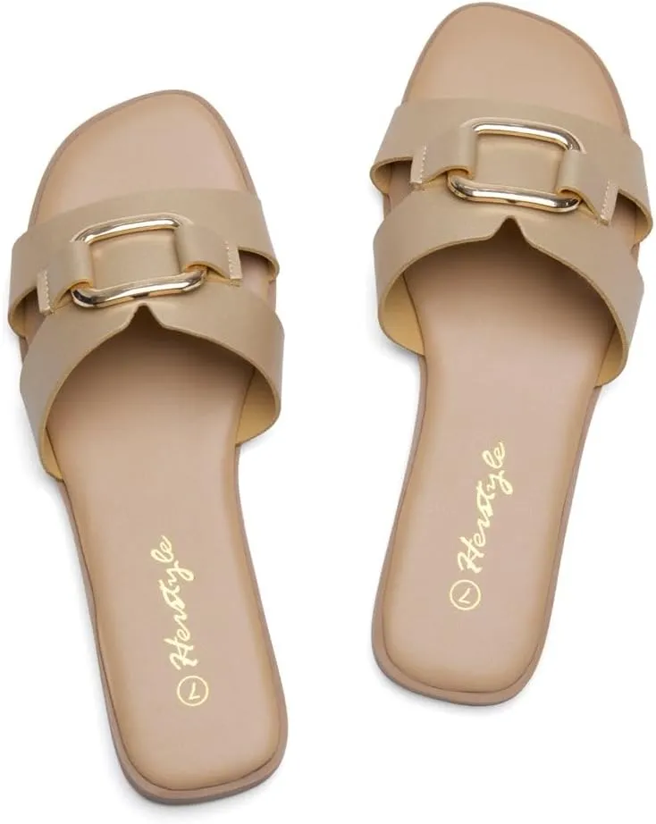 Herstyle Women's Flat Sandals 2025  Trendy Square Open Toe Slides with Metal Chain, Memory Foam Cushioned Footbed, Slip-On Fashion Slippers for Summer