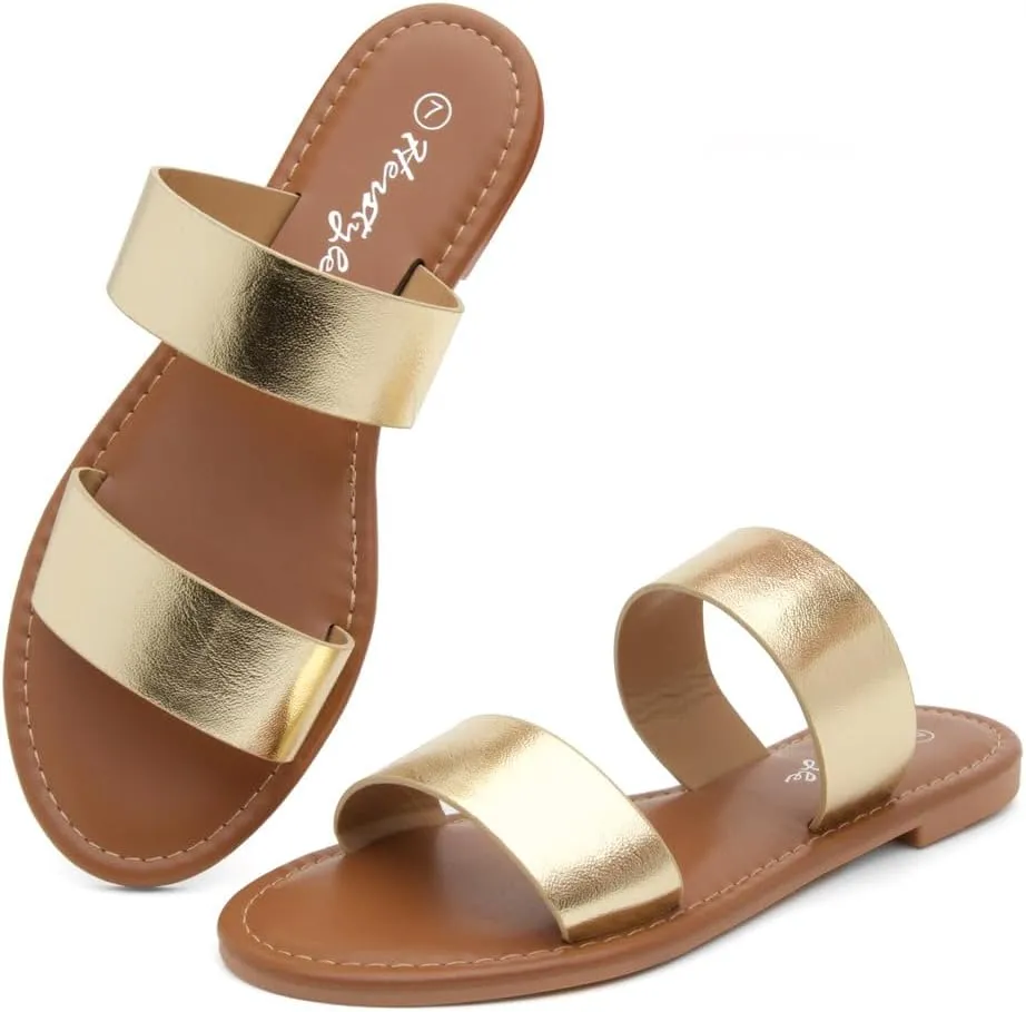 Herstyle Womens Flat Sandals  Two Strap Comfortable Slides with Memory Foam, Trendy 2025 Summer Sandals, Lightweight Slip-On Open Toe Dressy & Casual Slippers for Women