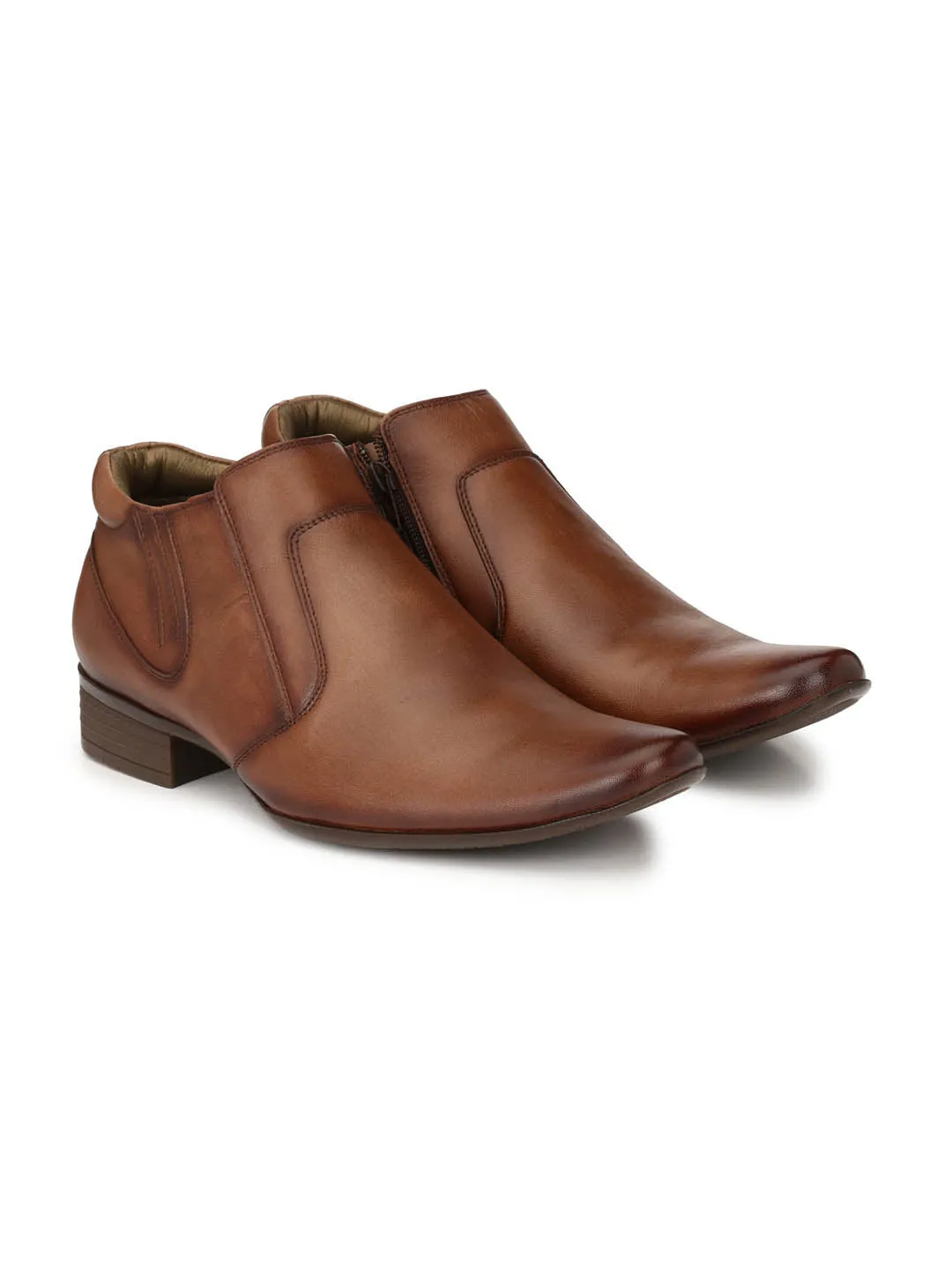 Hitz Men's Brown Leather Formal Ankle Shoes with Zip Closure