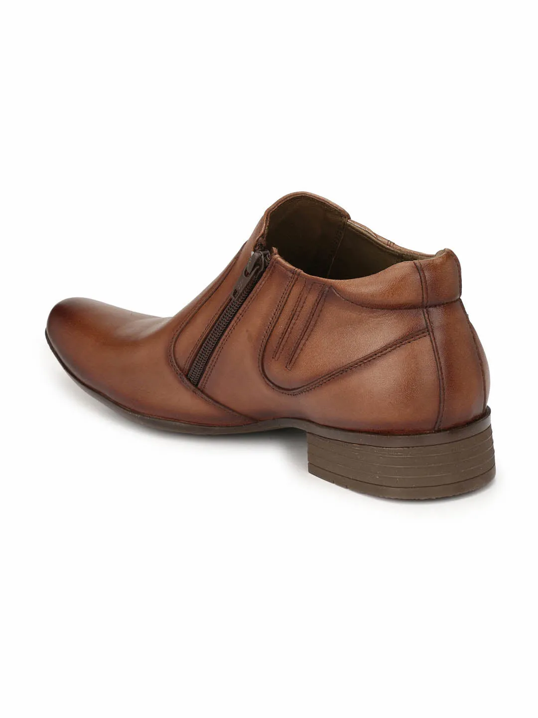 Hitz Men's Brown Leather Formal Ankle Shoes with Zip Closure