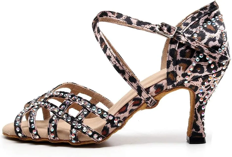 HROYL Rhinestone Dance Shoes Latin Dance Shoes Women Ballroom Tango High Heel Women Dance Shoes,Model QJW7176/7181