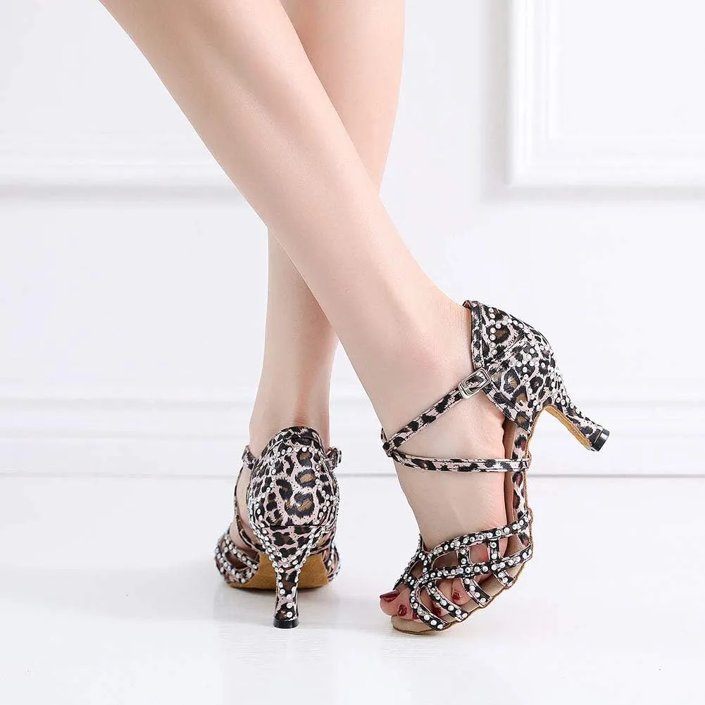 HROYL Rhinestone Dance Shoes Latin Dance Shoes Women Ballroom Tango High Heel Women Dance Shoes,Model QJW7176/7181