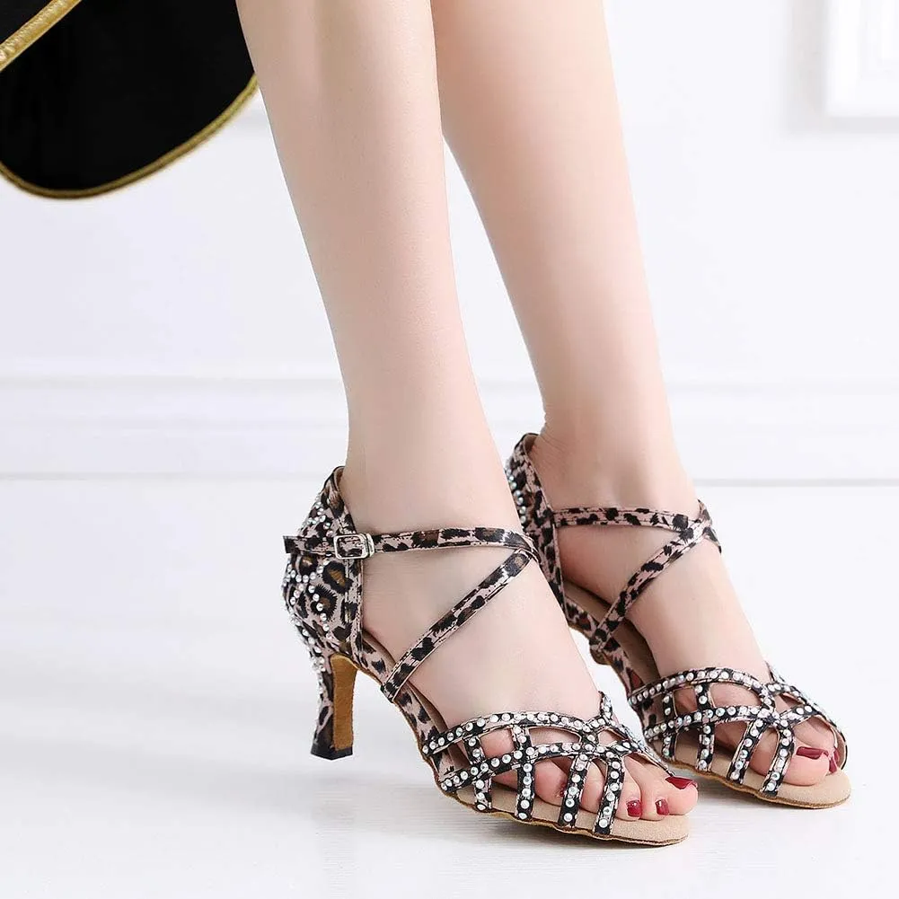 HROYL Rhinestone Dance Shoes Latin Dance Shoes Women Ballroom Tango High Heel Women Dance Shoes,Model QJW7176/7181