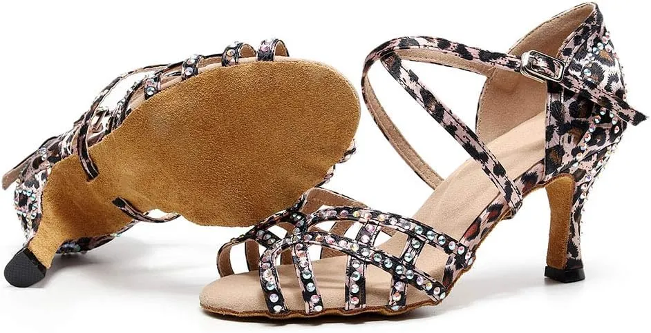 HROYL Rhinestone Dance Shoes Latin Dance Shoes Women Ballroom Tango High Heel Women Dance Shoes,Model QJW7176/7181