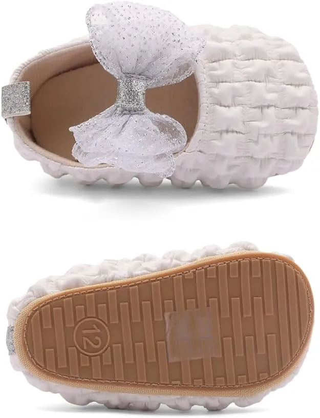 Infant Baby Girls Mary Jane Flats with Crown Headband Soft Sole Non-Slip PU Leather Princess Dress Shoes for Wedding First Walkers Lightweight Sparkly Design