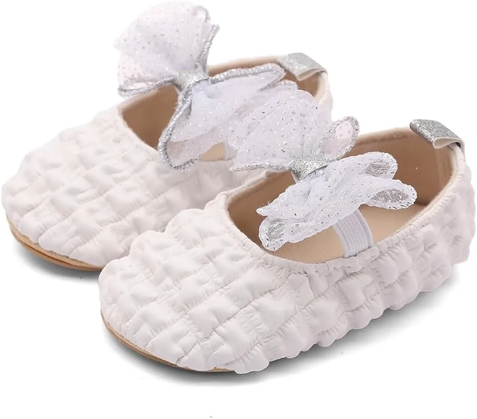 Infant Baby Girls Mary Jane Flats with Crown Headband Soft Sole Non-Slip PU Leather Princess Dress Shoes for Wedding First Walkers Lightweight Sparkly Design
