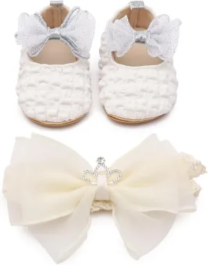 Infant Baby Girls Mary Jane Flats with Crown Headband Soft Sole Non-Slip PU Leather Princess Dress Shoes for Wedding First Walkers Lightweight Sparkly Design