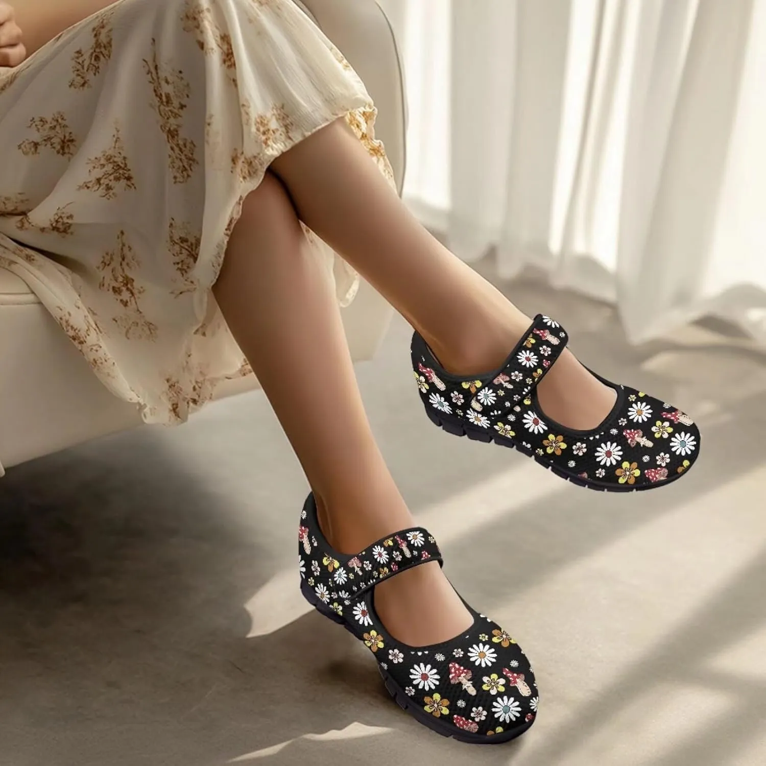 Jeiento Slip On Mushroom Pattern Mary Jane Flats Ballet Flats Shoes for Women Casual Dress Shoes