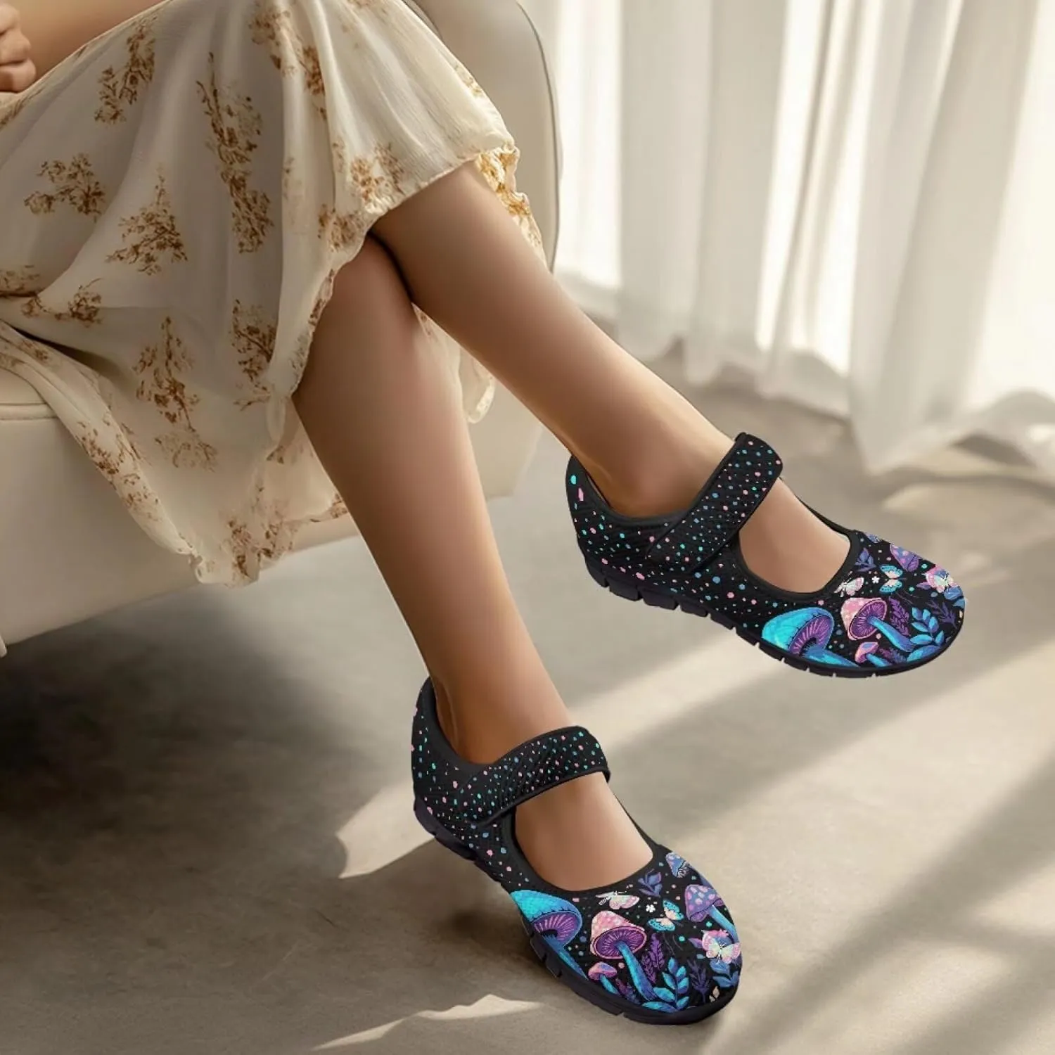 Jeiento Slip On Mushroom Pattern Mary Jane Flats Ballet Flats Shoes for Women Casual Dress Shoes