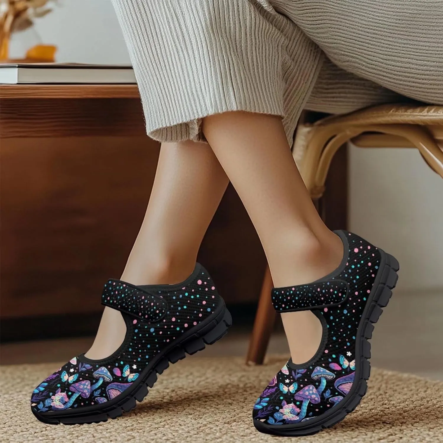 Jeiento Slip On Mushroom Pattern Mary Jane Flats Ballet Flats Shoes for Women Casual Dress Shoes