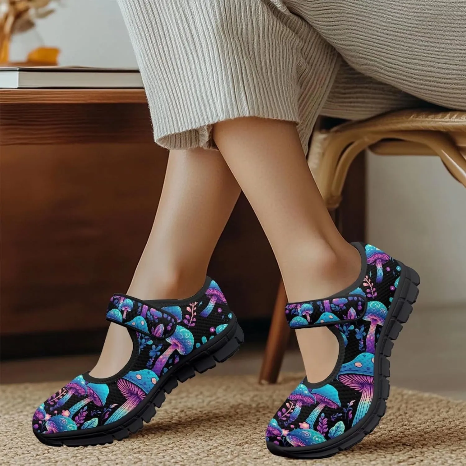 Jeiento Slip On Mushroom Pattern Mary Jane Flats Ballet Flats Shoes for Women Casual Dress Shoes