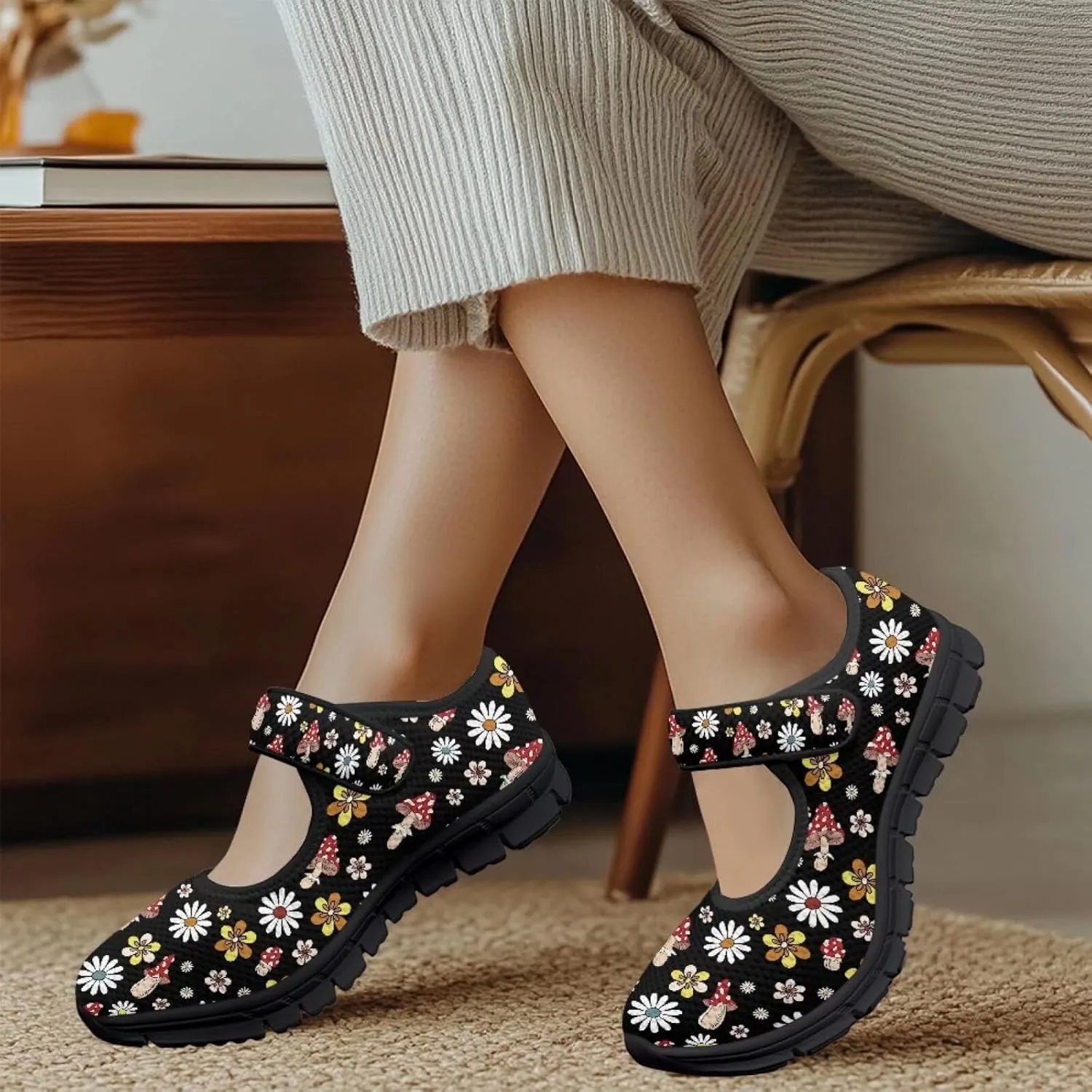 Jeiento Slip On Mushroom Pattern Mary Jane Flats Ballet Flats Shoes for Women Casual Dress Shoes