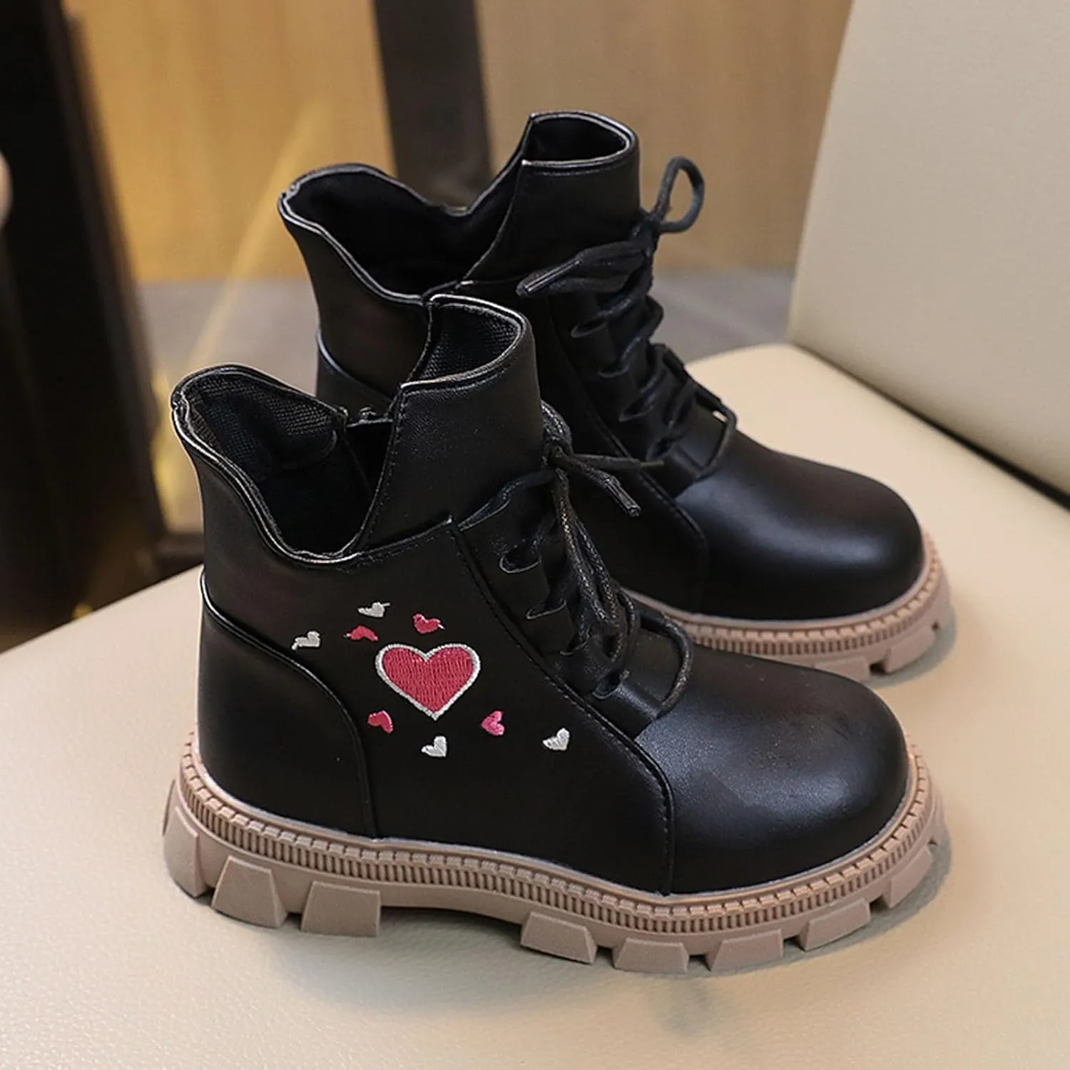 Kids Ankle Boots Girls Boys Low Wedge Heel Booties Fashion Heart Boots Winter Snow Boots Anti-Slip Outdoor Shoes