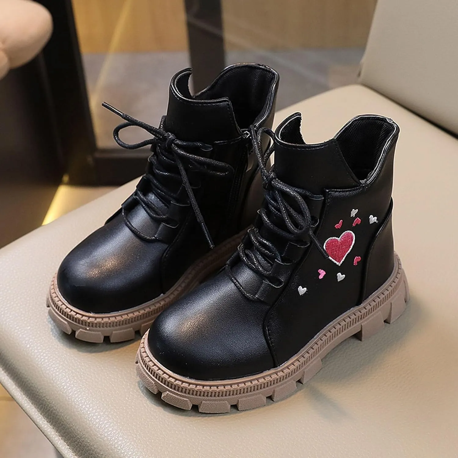 Kids Ankle Boots Girls Boys Low Wedge Heel Booties Fashion Heart Boots Winter Snow Boots Anti-Slip Outdoor Shoes
