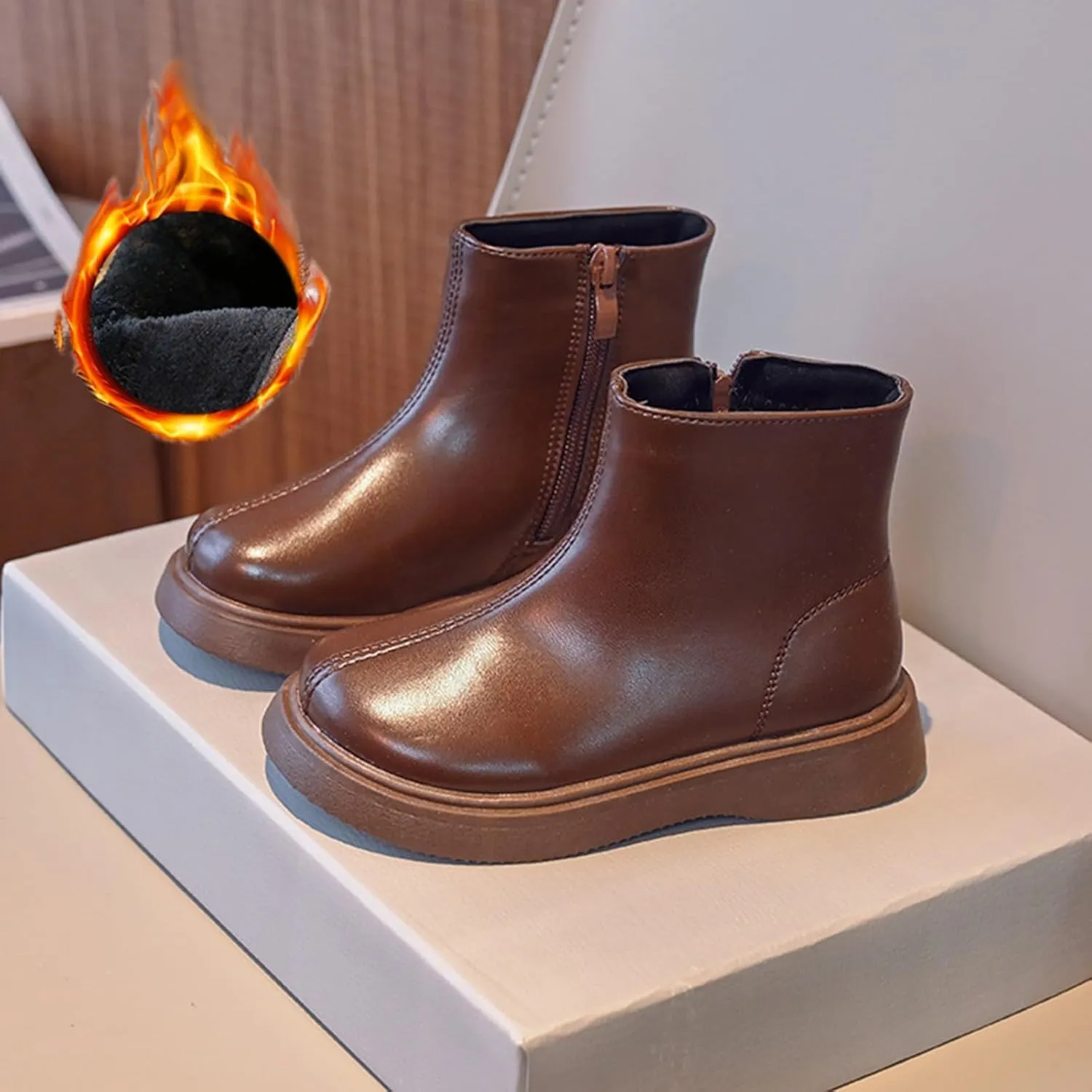 Kids Unisex Leather Ankle Boots Water Proof Classic Outdoor Hiking Walking Booties Solid Soft School Dress Shoes