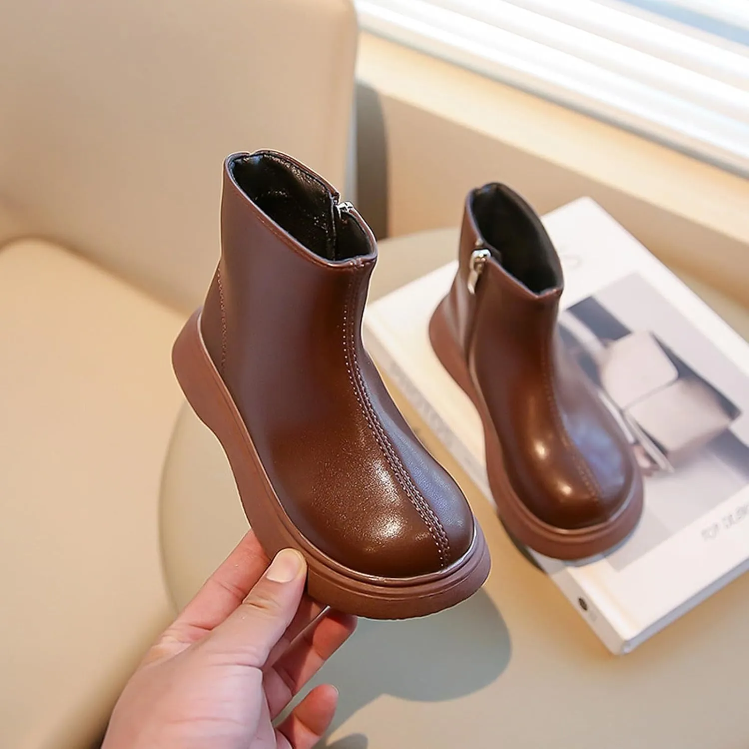 Kids Unisex Leather Ankle Boots Water Proof Classic Outdoor Hiking Walking Booties Solid Soft School Dress Shoes