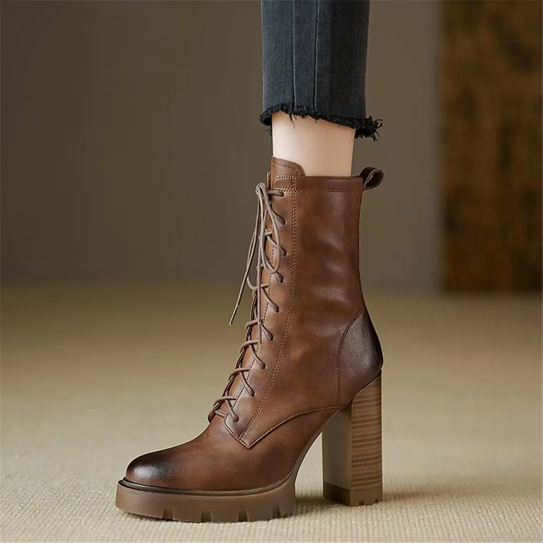 LeatherLux Chic Cowhide Winter Lace-Up Boots