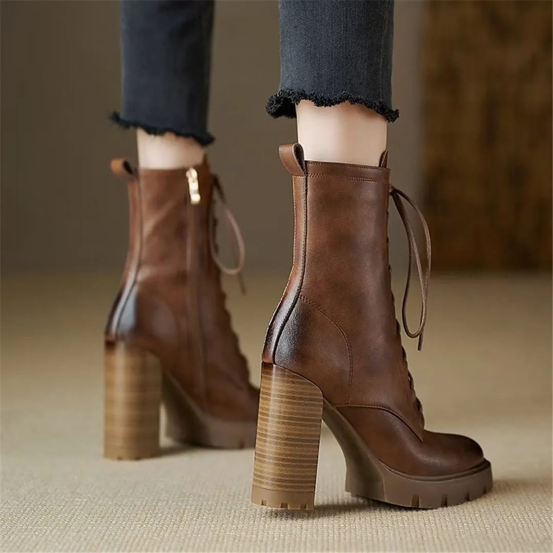 LeatherLux Chic Cowhide Winter Lace-Up Boots