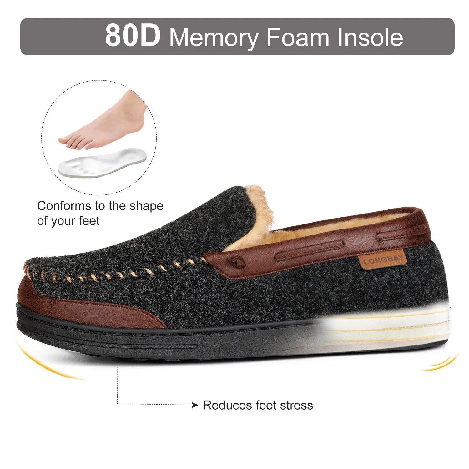 LongBay Men's Moccasin Slippers Memory Foam House Shoes Indoor Outdoor