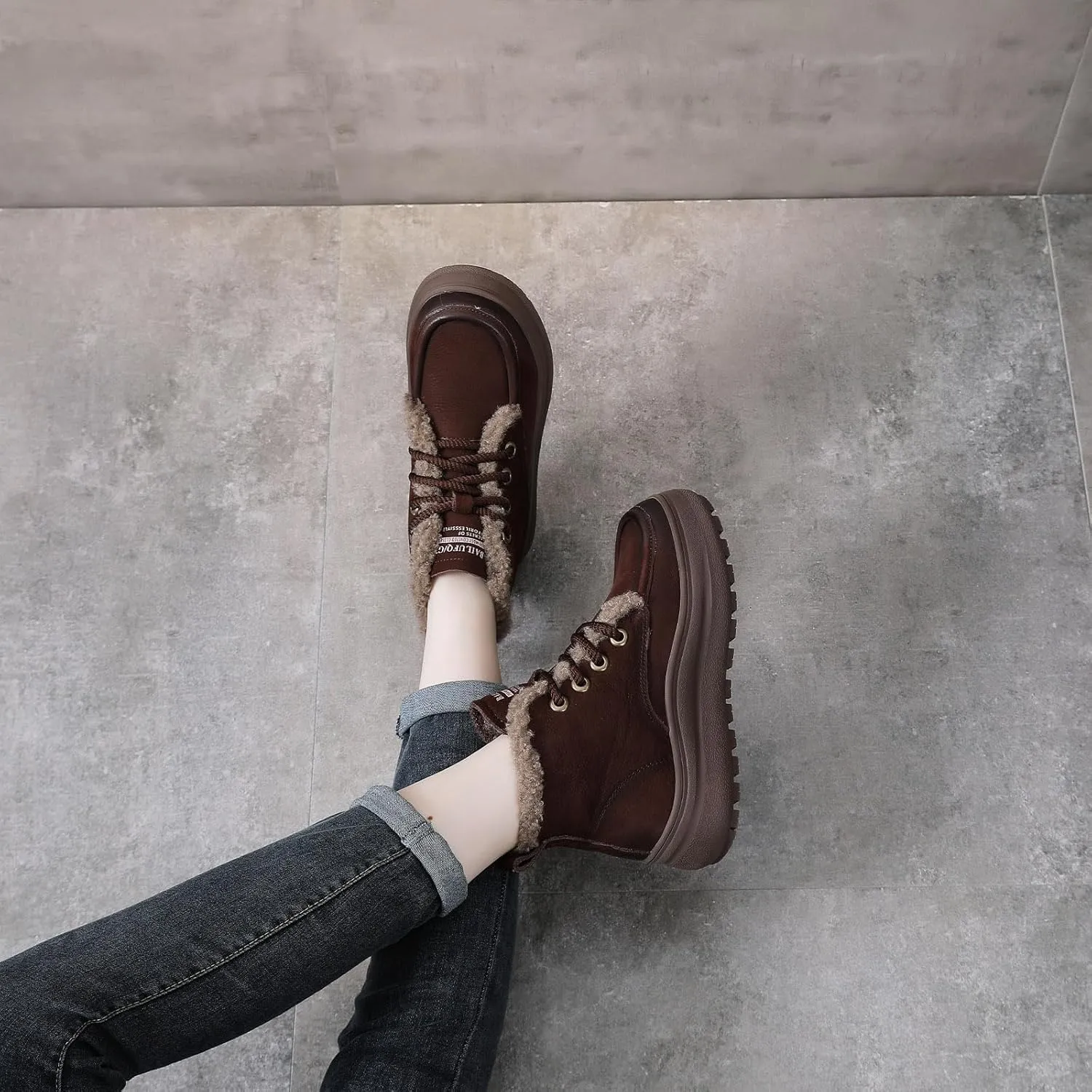 Lossarye Women's Winter Lace-up Warm Snow Ankle Boots Waterproof Vintage Genuine Leather Cozy Fur Lining Fashion Non-Slip Platform Casual Walking Shoes