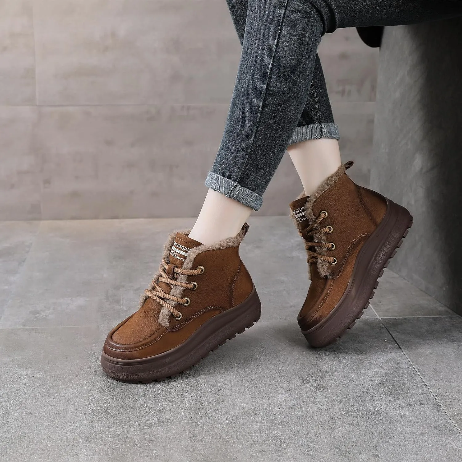 Lossarye Women's Winter Lace-up Warm Snow Ankle Boots Waterproof Vintage Genuine Leather Cozy Fur Lining Fashion Non-Slip Platform Casual Walking Shoes