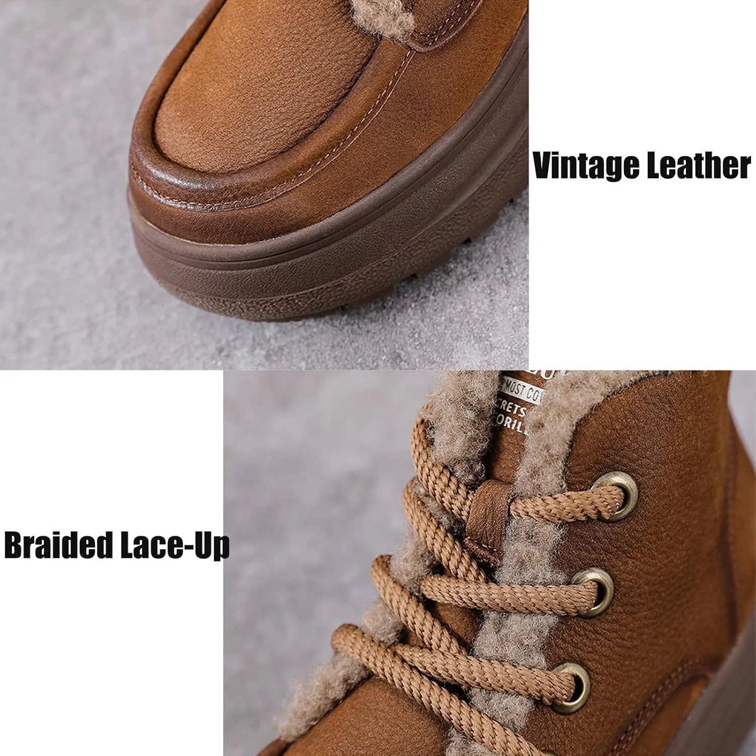 Lossarye Women's Winter Lace-up Warm Snow Ankle Boots Waterproof Vintage Genuine Leather Cozy Fur Lining Fashion Non-Slip Platform Casual Walking Shoes