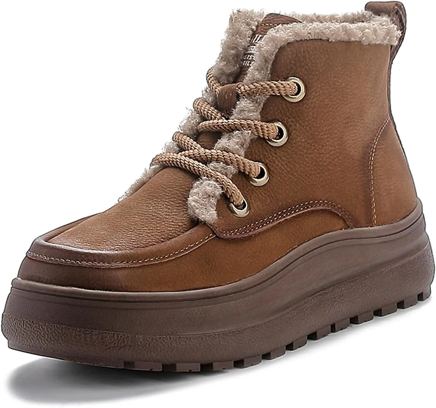 Lossarye Women's Winter Lace-up Warm Snow Ankle Boots Waterproof Vintage Genuine Leather Cozy Fur Lining Fashion Non-Slip Platform Casual Walking Shoes
