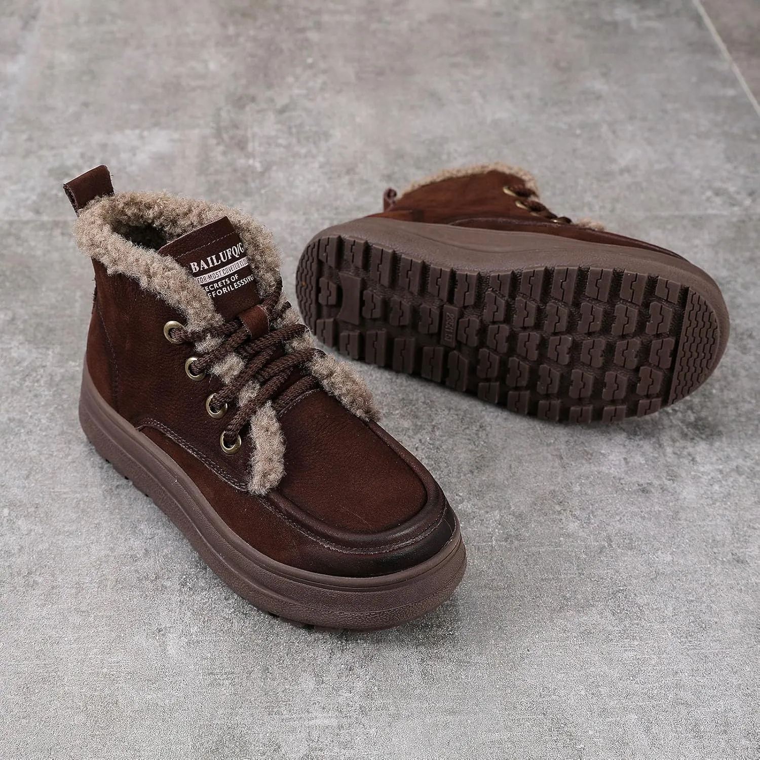 Lossarye Women's Winter Lace-up Warm Snow Ankle Boots Waterproof Vintage Genuine Leather Cozy Fur Lining Fashion Non-Slip Platform Casual Walking Shoes