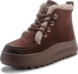 Lossarye Women's Winter Lace-up Warm Snow Ankle Boots Waterproof Vintage Genuine Leather Cozy Fur Lining Fashion Non-Slip Platform Casual Walking Shoes