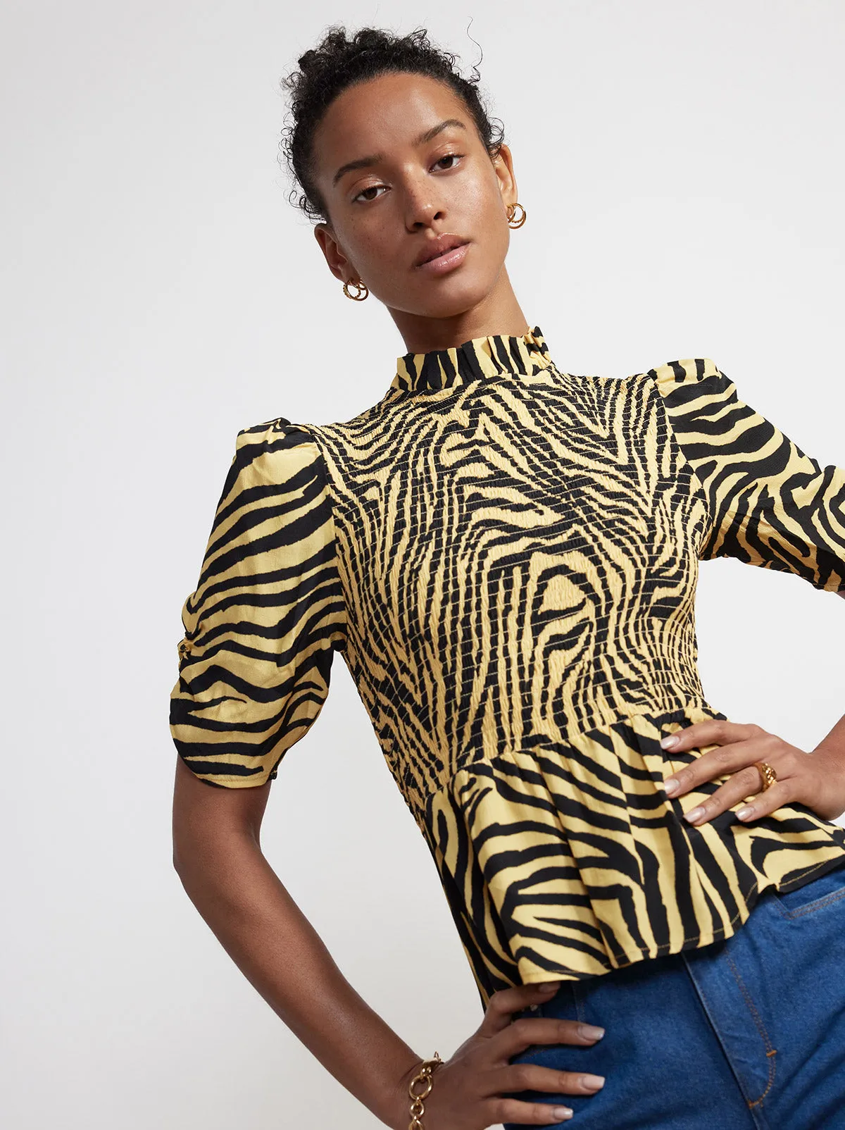 Melody Yellow Zebra Print Shirred Top