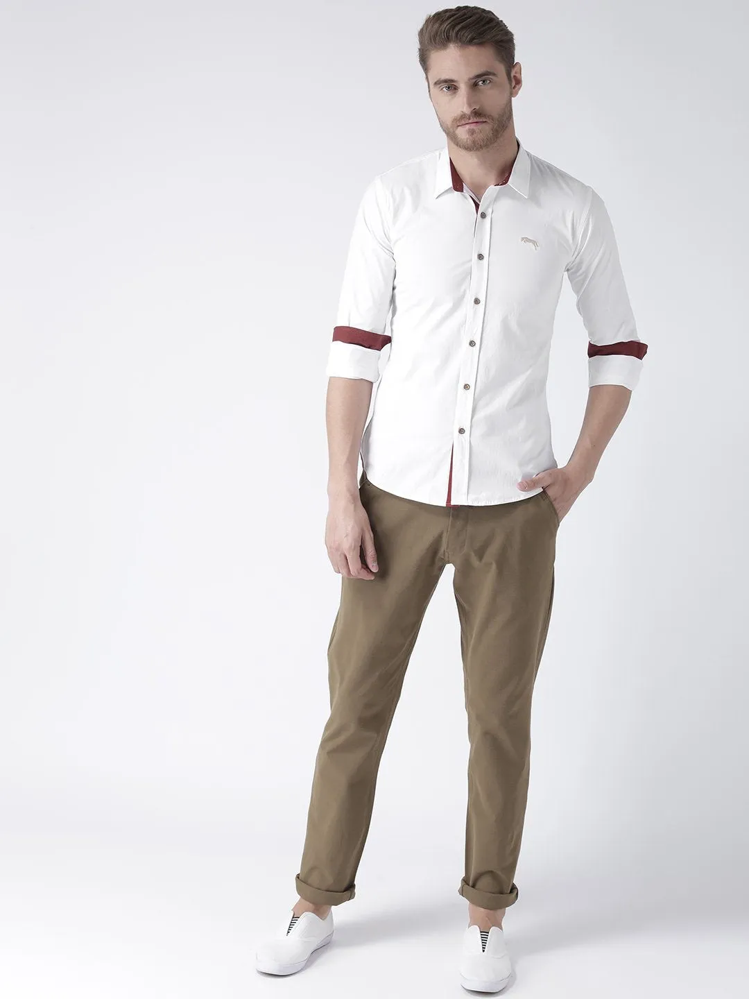 Men White Solid Cotton Regular Fit Shirt