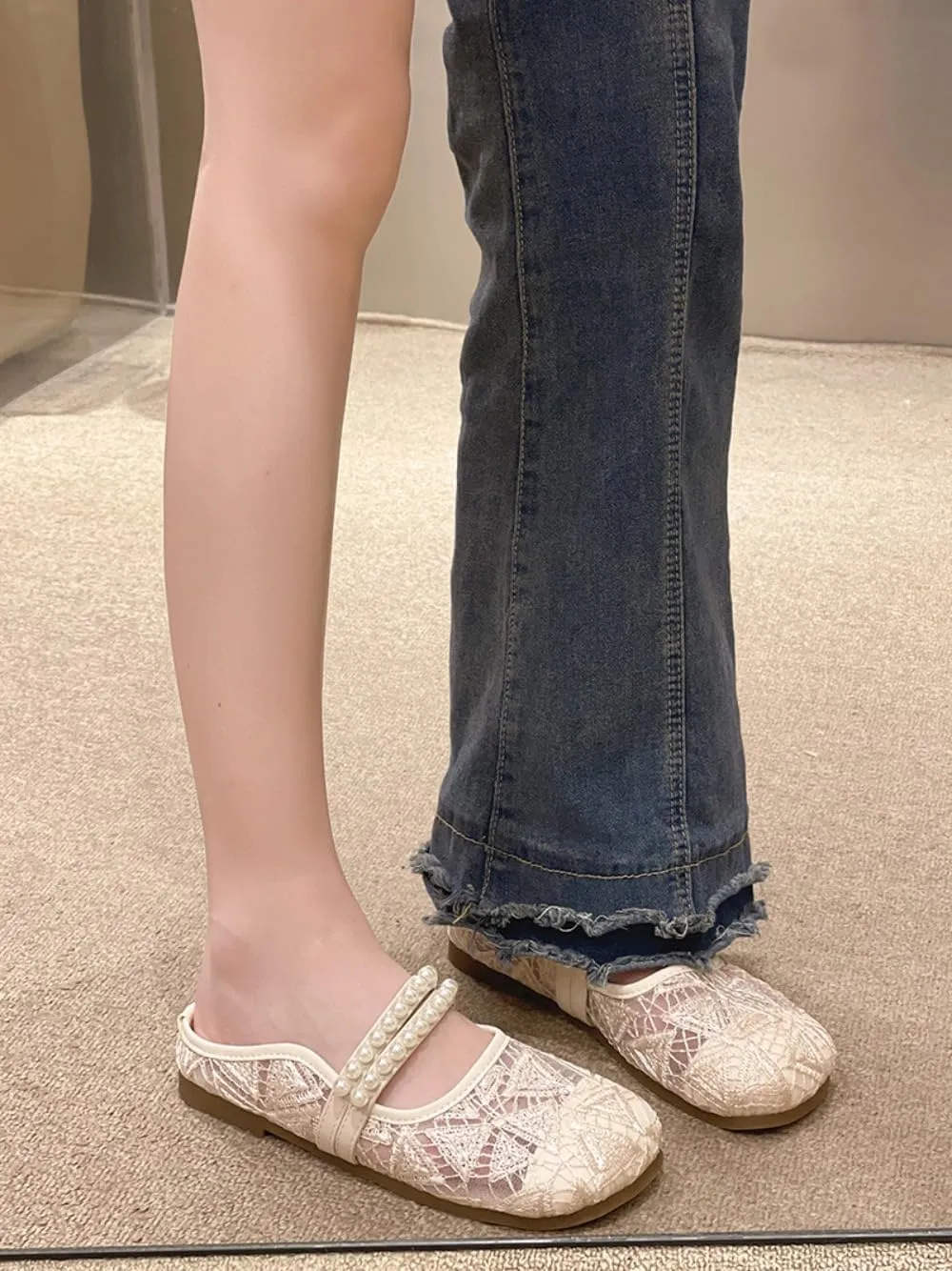 Mesh Mary Jane Flats for Women Jelly Mesh Ballet Flats Backless Tennis Shoes Slip on Dress Shoes Square Toe Sandals Low Heel Beaded Strap Lightweight Breathable Casual Summer Slide Office Business