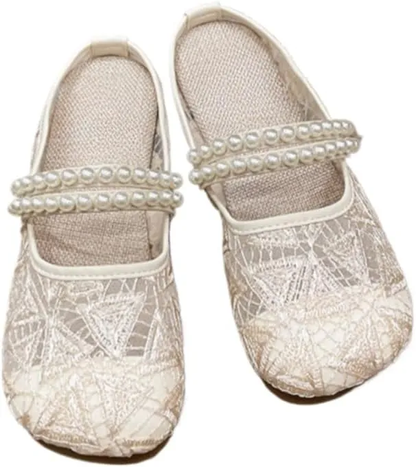 Mesh Mary Jane Flats for Women Jelly Mesh Ballet Flats Backless Tennis Shoes Slip on Dress Shoes Square Toe Sandals Low Heel Beaded Strap Lightweight Breathable Casual Summer Slide Office Business