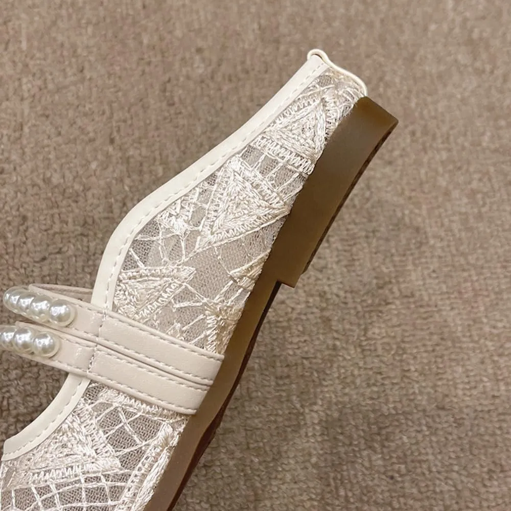 Mesh Mary Jane Flats for Women Jelly Mesh Ballet Flats Backless Tennis Shoes Slip on Dress Shoes Square Toe Sandals Low Heel Beaded Strap Lightweight Breathable Casual Summer Slide Office Business