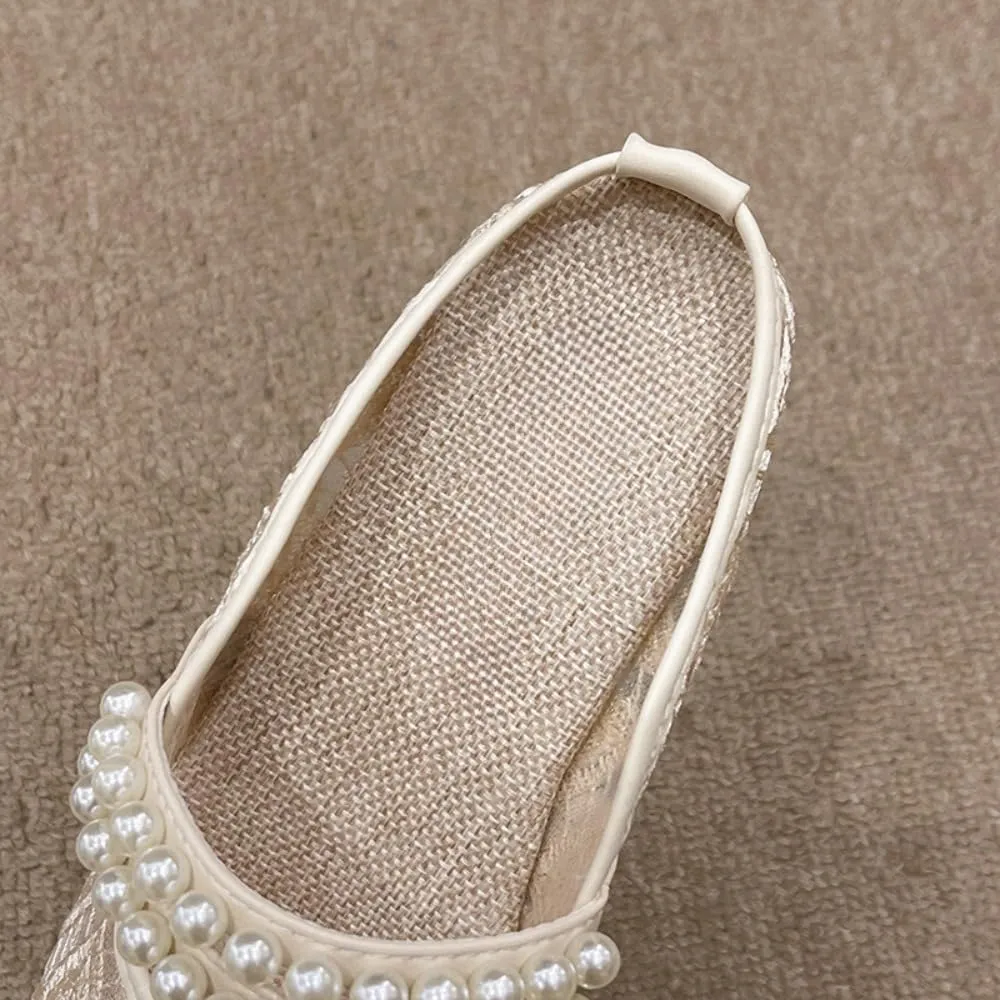 Mesh Mary Jane Flats for Women Jelly Mesh Ballet Flats Backless Tennis Shoes Slip on Dress Shoes Square Toe Sandals Low Heel Beaded Strap Lightweight Breathable Casual Summer Slide Office Business