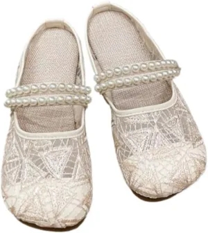 Mesh Mary Jane Flats for Women Jelly Mesh Ballet Flats Backless Tennis Shoes Slip on Dress Shoes Square Toe Sandals Low Heel Beaded Strap Lightweight Breathable Casual Summer Slide Office Business