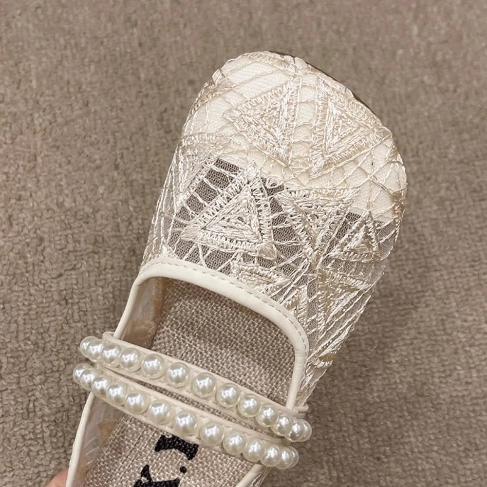 Mesh Mary Jane Flats for Women Jelly Mesh Ballet Flats Backless Tennis Shoes Slip on Dress Shoes Square Toe Sandals Low Heel Beaded Strap Lightweight Breathable Casual Summer Slide Office Business